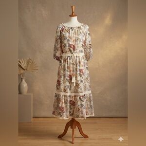 Ryan Michelle Boho Floral Midi Dress Lace Inset Tassel Tie Size Medium